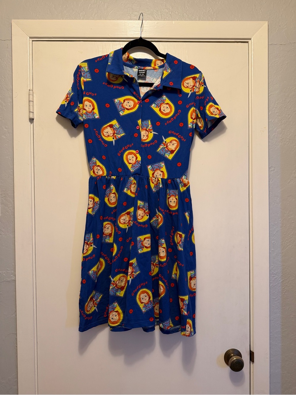 Cakeworthy Chucky Blue Novelty Print Collared Short Sleeve Dress